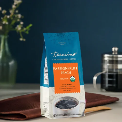 TEECCINO DANDELION PASSIONFRUIT PEACH CHICORY HERBAL COFFEE 10 OZ BAG - Image 3